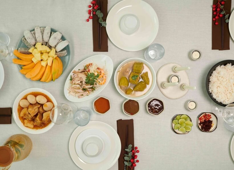 Traditional dishes on Dinner Table Traditional dishes, snacks and sauces on dinner table, view from above